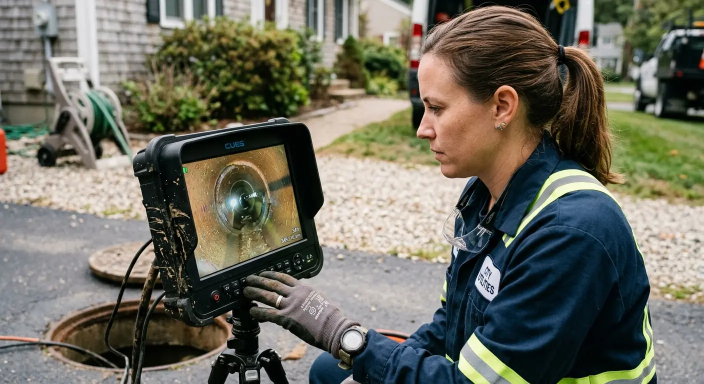 Technician reviewing sewer camera inspection footage in Fairhaven