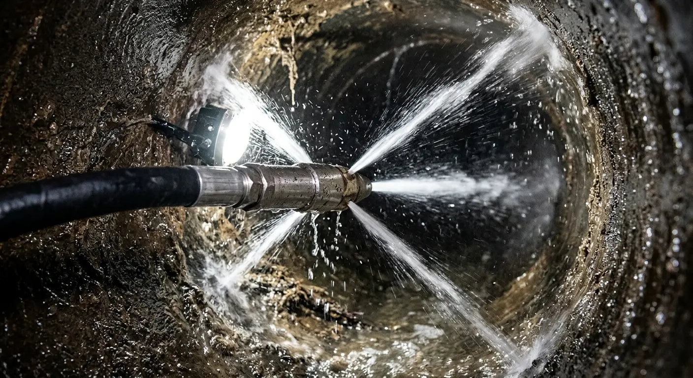 High-pressure hydro jetting nozzle cleaning sewer pipe for Emergency Drain Service in Fairhaven
