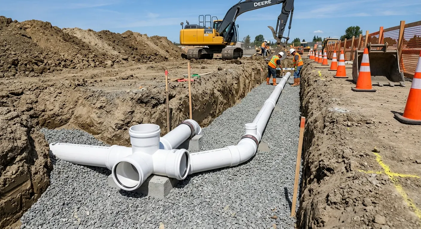 New PVC sewer pipe installation in open trench for Grease Trap Cleaning in Fairhaven