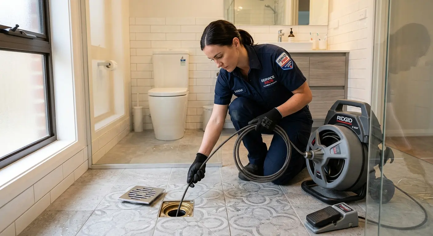 Technician clearing a bathroom floor drain for Sewer Line Replacement in Fairhaven